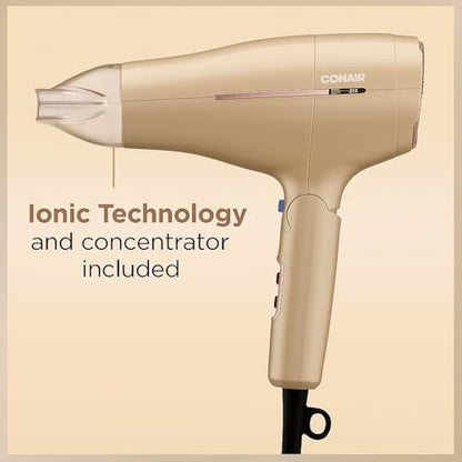 Conair 1875W Worldwide Travel Hair Dryer – Dual Voltage, Folding Handle, Ionic Technology – Champagne Compact Travel Blow Dryer for International Use Avelisse