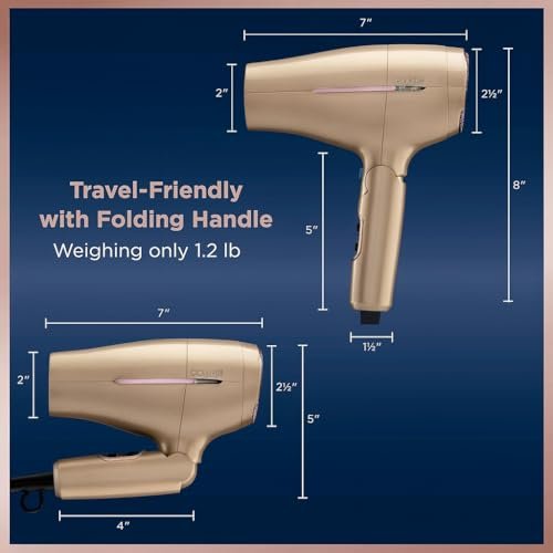 Conair 1875W Worldwide Travel Hair Dryer – Dual Voltage, Folding Handle, Ionic Technology – Champagne Compact Travel Blow Dryer for International Use Avelisse