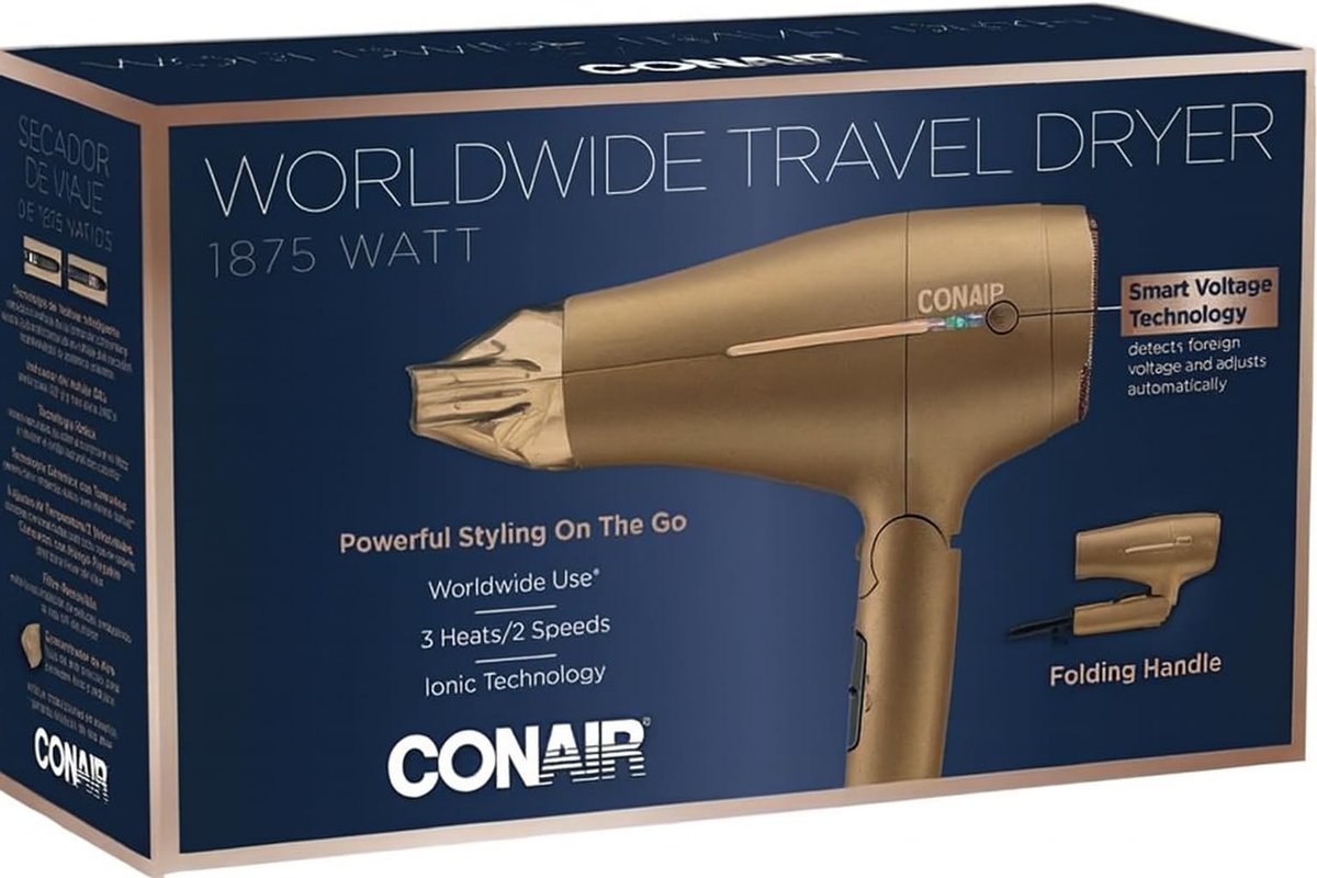 Conair 1875W Worldwide Travel Hair Dryer – Dual Voltage, Folding Handle, Ionic Technology – Champagne Compact Travel Blow Dryer for International Use Avelisse