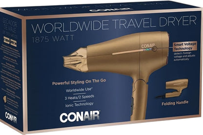 Conair 1875W Worldwide Travel Hair Dryer – Dual Voltage, Folding Handle, Ionic Technology – Champagne Compact Travel Blow Dryer for International Use Avelisse