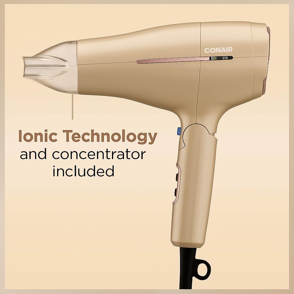 Conair 1875W Worldwide Travel Hair Dryer – Dual Voltage, Folding Handle, Ionic Technology – Champagne Compact Travel Blow Dryer for International Use Avelisse