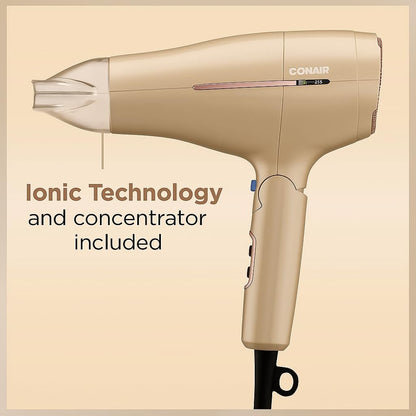 Conair 1875W Worldwide Travel Hair Dryer – Dual Voltage, Folding Handle, Ionic Technology – Champagne Compact Travel Blow Dryer for International Use Avelisse