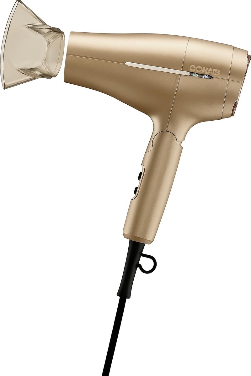 Conair 1875W Worldwide Travel Hair Dryer – Dual Voltage, Folding Handle, Ionic Technology – Champagne Compact Travel Blow Dryer for International Use Avelisse