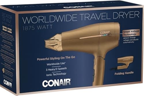 Conair 1875W Worldwide Travel Hair Dryer – Dual Voltage, Folding Handle, Ionic Technology – Champagne Compact Travel Blow Dryer for International Use Avelisse