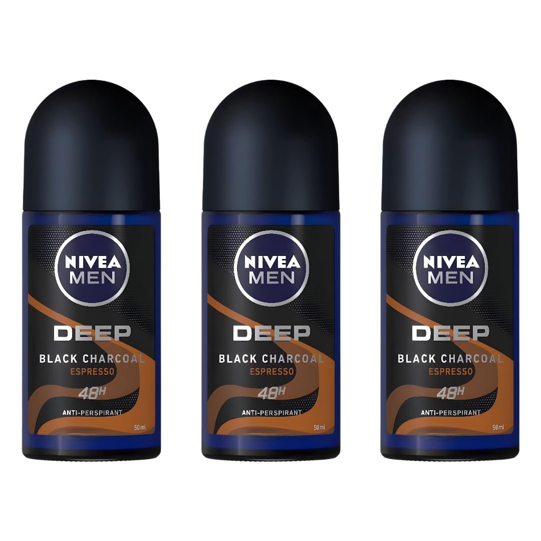 NIVEA MEN DEEP Black Carbon Espresso Anti-Perspirant Roll-On, 50 mL (Pack of 3) — 72-Hour Odor & Sweat Protection, No Visible Black Residue, Long-Lasting Espresso Scent Avelisse