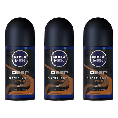 NIVEA MEN DEEP Black Carbon Espresso Anti-Perspirant Roll-On, 50 mL (Pack of 3) — 72-Hour Odor & Sweat Protection, No Visible Black Residue, Long-Lasting Espresso Scent Avelisse