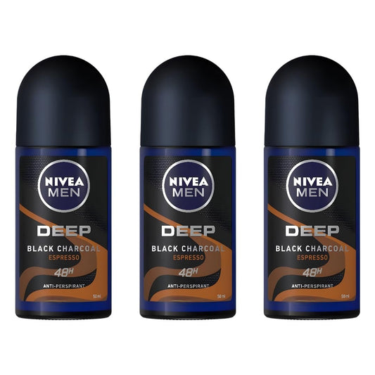 NIVEA MEN DEEP Black Carbon Espresso Anti-Perspirant Roll-On, 50 mL (Pack of 3) — 72-Hour Odor & Sweat Protection, No Visible Black Residue, Long-Lasting Espresso Scent Avelisse