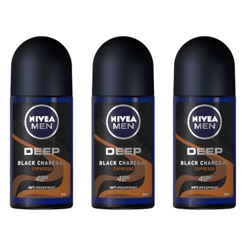 NIVEA MEN DEEP Black Carbon Espresso Anti-Perspirant Roll-On, 50 mL (Pack of 3) — 72-Hour Odor & Sweat Protection, No Visible Black Residue, Long-Lasting Espresso Scent Avelisse