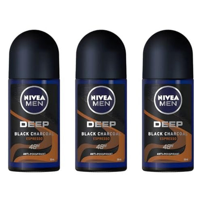NIVEA MEN DEEP Black Carbon Espresso Anti-Perspirant Roll-On, 50 mL (Pack of 3) — 72-Hour Odor & Sweat Protection, No Visible Black Residue, Long-Lasting Espresso Scent Avelisse