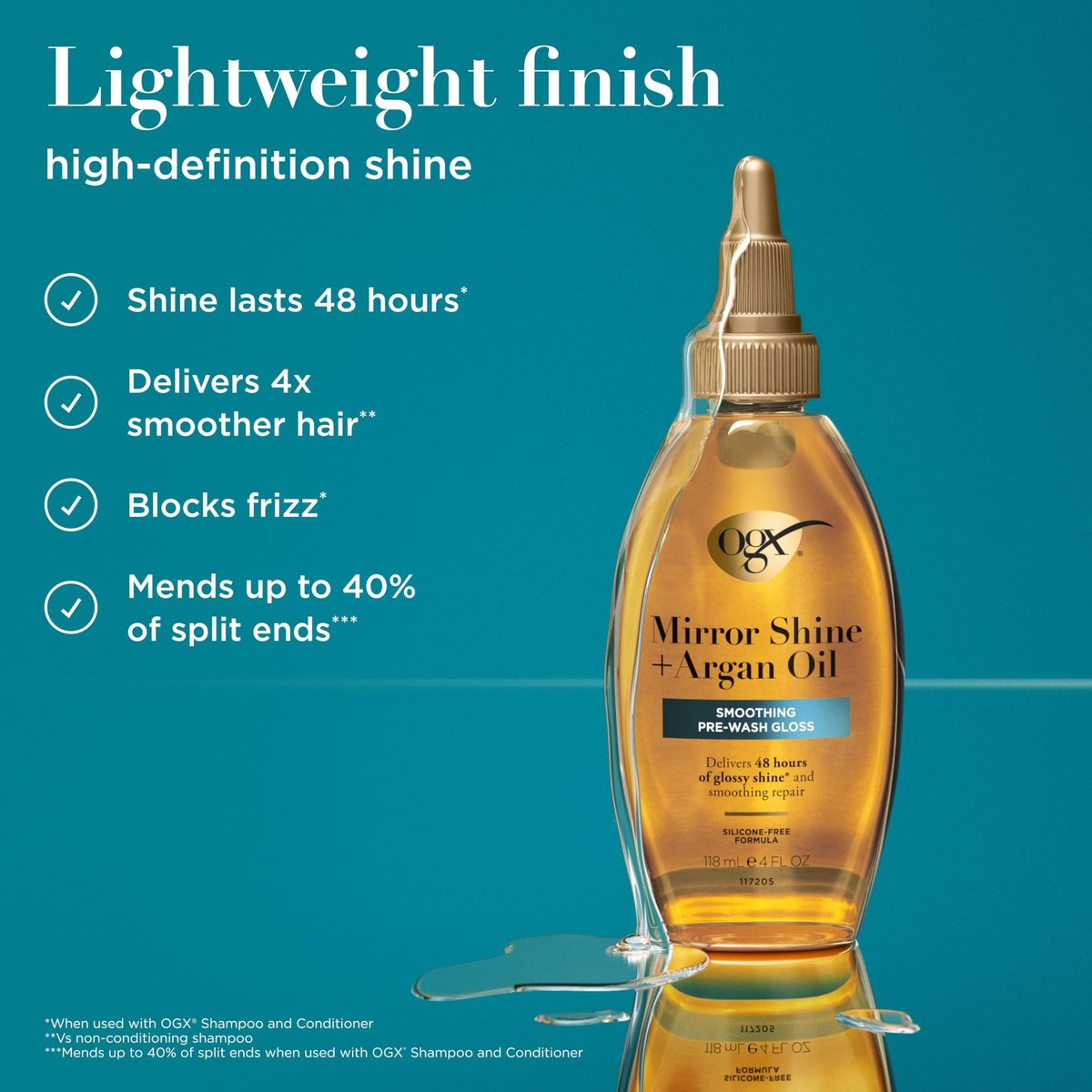 OGX Mirror Shine + Argan Oil Pre-Wash Hair Gloss - Smoothing Rinse Out Treatment for Glossy Shine & Nourishing Repair, 4 fl. oz - görsel 3