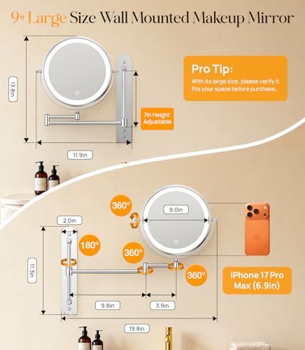 Gospire 9" Wall Mounted Makeup Mirror with 10X Magnification, 7" Height Adjustable Vanity Lighted Mirror for Bathroom Wall, 360° Extended Arm Shaving Mirror with Lights - Chrome Avelisse
