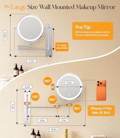 Gospire 9" Wall Mounted Makeup Mirror with 10X Magnification, 7" Height Adjustable Vanity Lighted Mirror for Bathroom Wall, 360° Extended Arm Shaving Mirror with Lights - Chrome Avelisse
