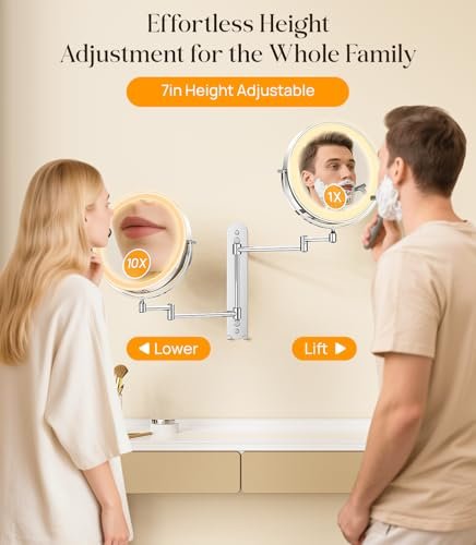 Gospire 9" Wall Mounted Makeup Mirror with 10X Magnification, 7" Height Adjustable Vanity Lighted Mirror for Bathroom Wall, 360° Extended Arm Shaving Mirror with Lights - Chrome Avelisse