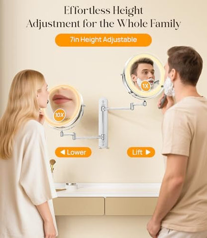 Gospire 9" Wall Mounted Makeup Mirror with 10X Magnification, 7" Height Adjustable Vanity Lighted Mirror for Bathroom Wall, 360° Extended Arm Shaving Mirror with Lights - Chrome Avelisse