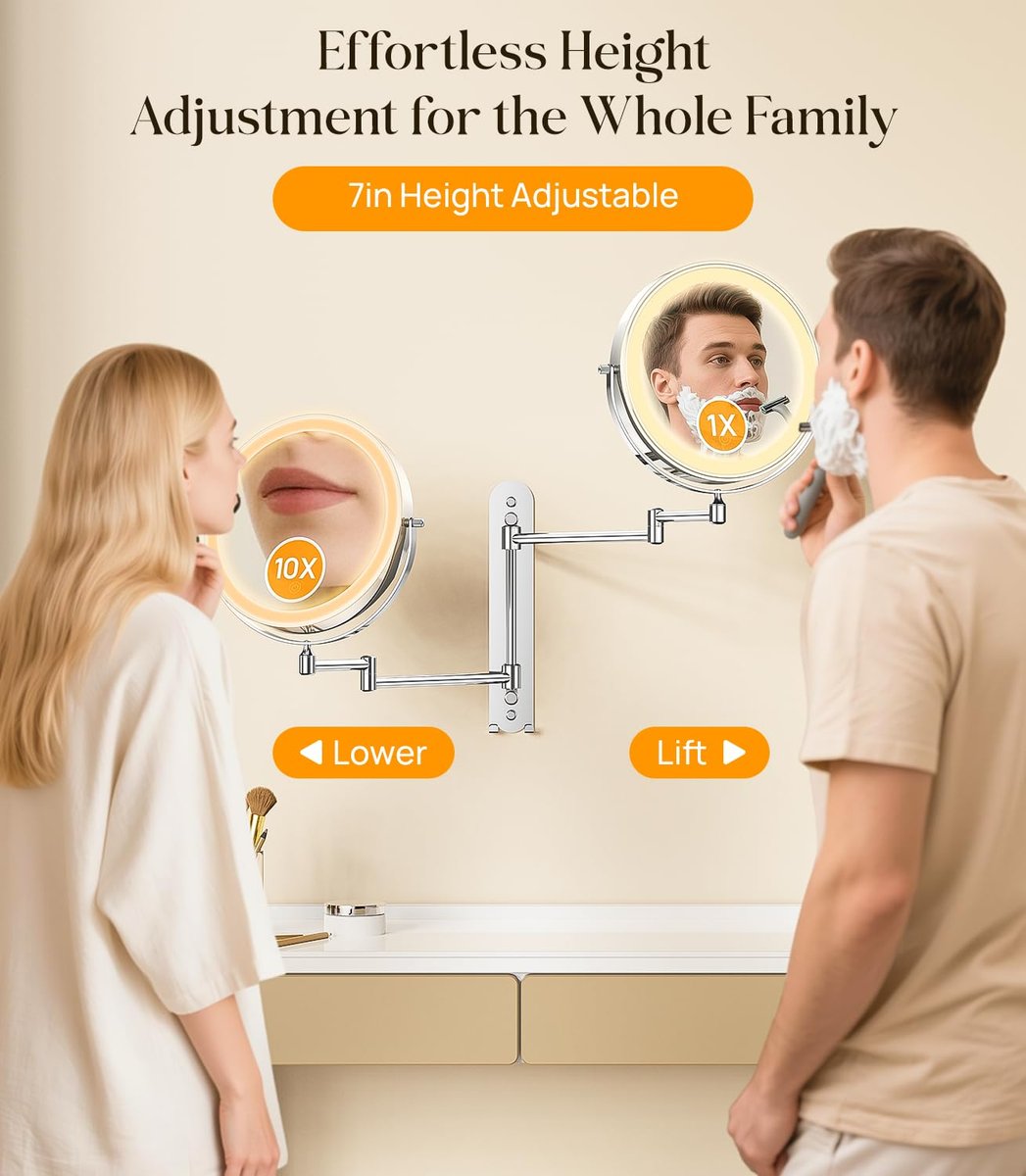 Gospire 9" Wall Mounted Makeup Mirror with 10X Magnification, 7" Height Adjustable Vanity Lighted Mirror for Bathroom Wall, 360° Extended Arm Shaving Mirror with Lights - Chrome Avelisse