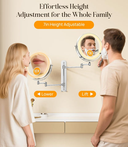 Gospire 9" Wall Mounted Makeup Mirror with 10X Magnification, 7" Height Adjustable Vanity Lighted Mirror for Bathroom Wall, 360° Extended Arm Shaving Mirror with Lights - Chrome Avelisse