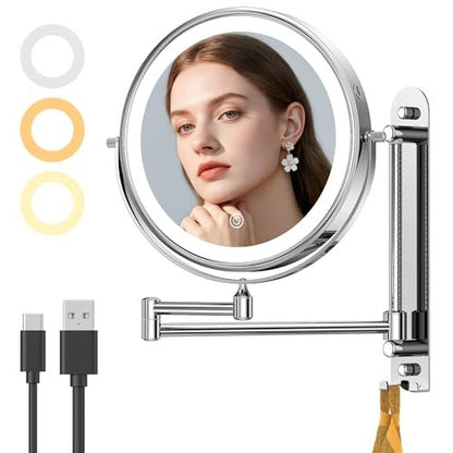 Gospire 9" Wall Mounted Makeup Mirror with 10X Magnification, 7" Height Adjustable Vanity Lighted Mirror for Bathroom Wall, 360° Extended Arm Shaving Mirror with Lights - Chrome Avelisse