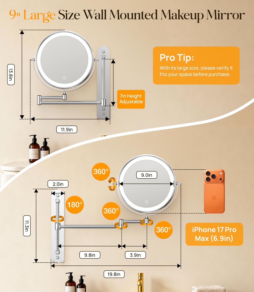Gospire 9" Wall Mounted Makeup Mirror with 10X Magnification, 7" Height Adjustable Vanity Lighted Mirror for Bathroom Wall, 360° Extended Arm Shaving Mirror with Lights - Chrome Avelisse