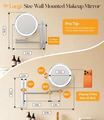 Gospire 9" Wall Mounted Makeup Mirror with 10X Magnification, 7" Height Adjustable Vanity Lighted Mirror for Bathroom Wall, 360° Extended Arm Shaving Mirror with Lights - Chrome Avelisse