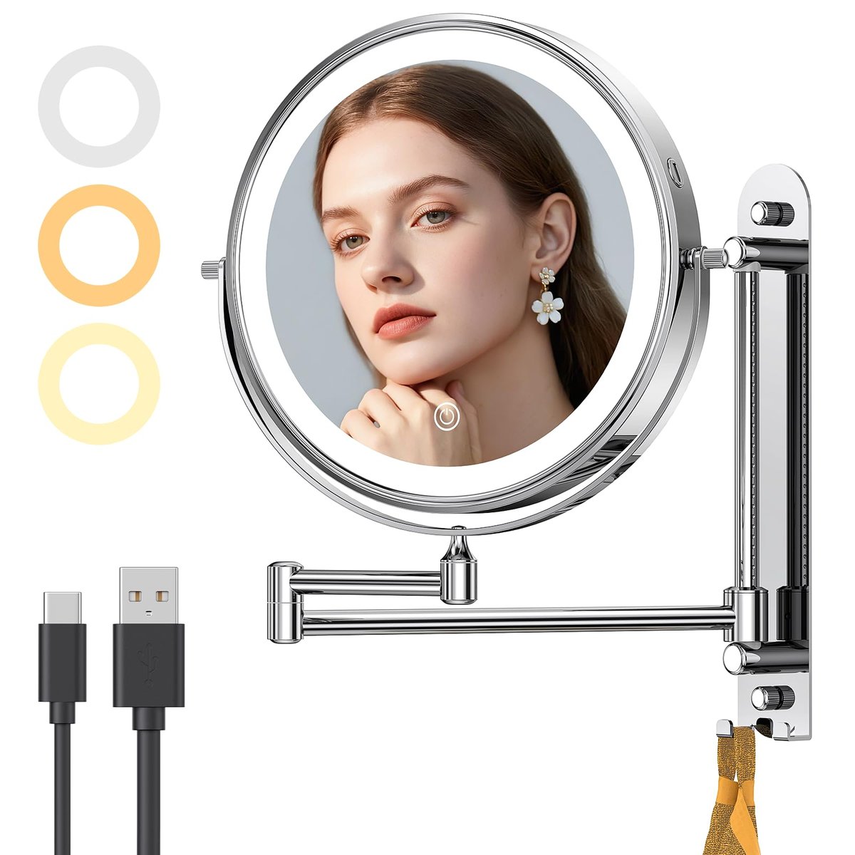 Gospire 9" Wall Mounted Makeup Mirror with 10X Magnification, 7" Height Adjustable Vanity Lighted Mirror for Bathroom Wall, 360° Extended Arm Shaving Mirror with Lights - Chrome Avelisse