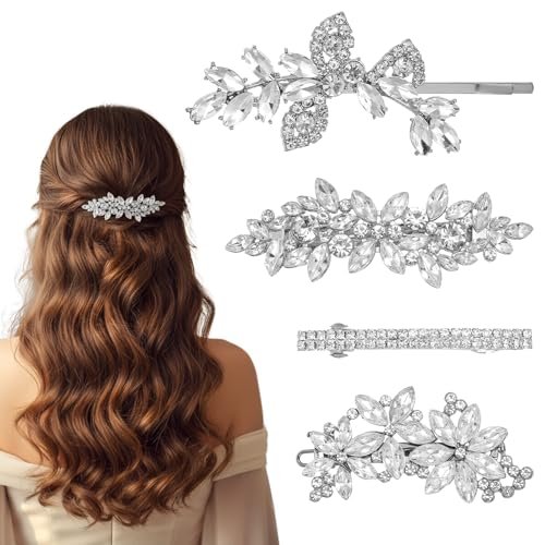 Sibba 4-Piece Silver Rhinestone Hair Clips Set – Elegant Crystal Flower Leaf Barrettes for Women, Brides, Bridesmaids, Weddings, Parties, and Festive Occasions - görsel 2