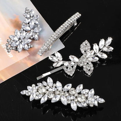 Sibba 4-Piece Silver Rhinestone Hair Clips Set – Elegant Crystal Flower Leaf Barrettes for Women, Brides, Bridesmaids, Weddings, Parties, and Festive Occasions