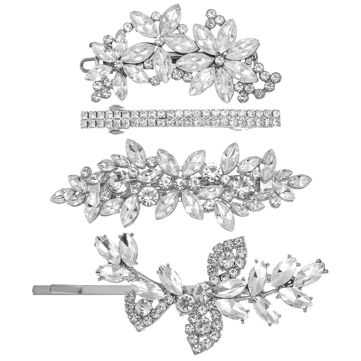 Sibba 4-Piece Silver Rhinestone Hair Clips Set – Elegant Crystal Flower Leaf Barrettes for Women, Brides, Bridesmaids, Weddings, Parties, and Festive Occasions - görsel 3