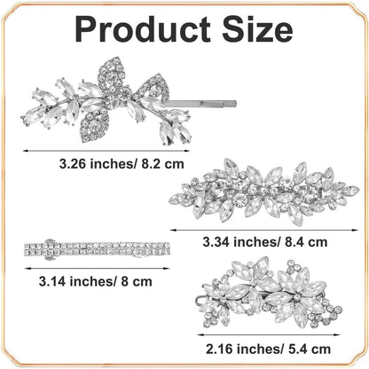 Sibba 4-Piece Silver Rhinestone Hair Clips Set – Elegant Crystal Flower Leaf Barrettes for Women, Brides, Bridesmaids, Weddings, Parties, and Festive Occasions