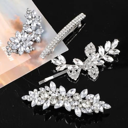 Sibba 4-Piece Silver Rhinestone Hair Clips Set – Elegant Crystal Flower Leaf Barrettes for Women, Brides, Bridesmaids, Weddings, Parties, and Festive Occasions