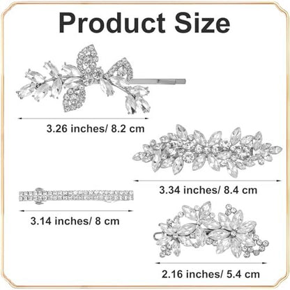 Sibba 4-Piece Silver Rhinestone Hair Clips Set – Elegant Crystal Flower Leaf Barrettes for Women, Brides, Bridesmaids, Weddings, Parties, and Festive Occasions