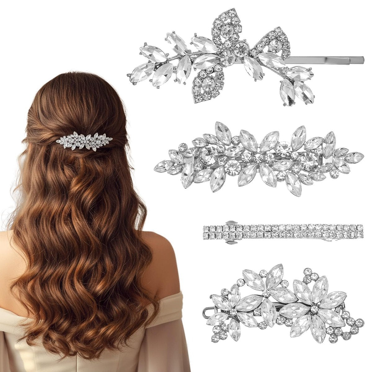 Sibba 4-Piece Silver Rhinestone Hair Clips Set – Elegant Crystal Flower Leaf Barrettes for Women, Brides, Bridesmaids, Weddings, Parties, and Festive Occasions - görsel 1