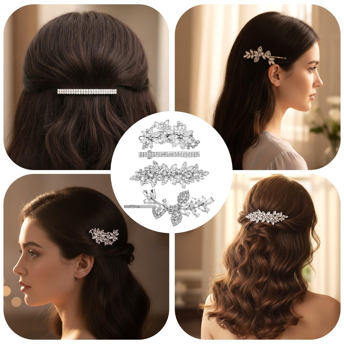 Sibba 4-Piece Silver Rhinestone Hair Clips Set – Elegant Crystal Flower Leaf Barrettes for Women, Brides, Bridesmaids, Weddings, Parties, and Festive Occasions - görsel 15