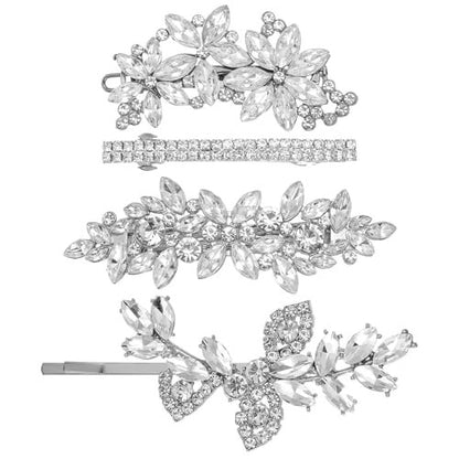 Sibba 4-Piece Silver Rhinestone Hair Clips Set – Elegant Crystal Flower Leaf Barrettes for Women, Brides, Bridesmaids, Weddings, Parties, and Festive Occasions
