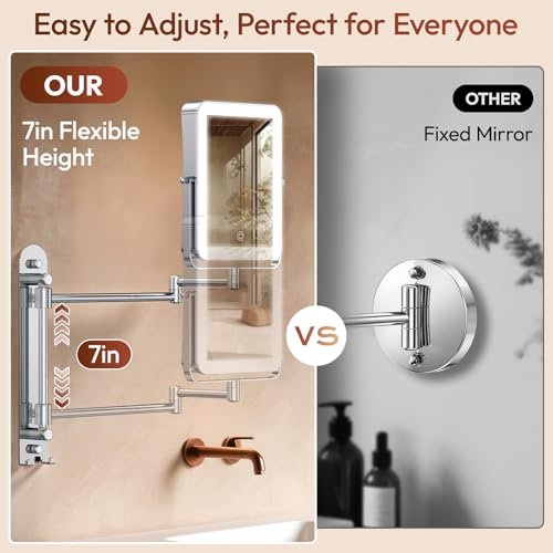 Glowtop Height Adjustable Wall Mounted Lighted Makeup Mirror with Lights, 10X Magnifying Mirror for Bathroom, 7in Slide Rail and 360° Extended Arm, Rechargeable Wall Mirror with Dual Hooks for Hotel Avelisse