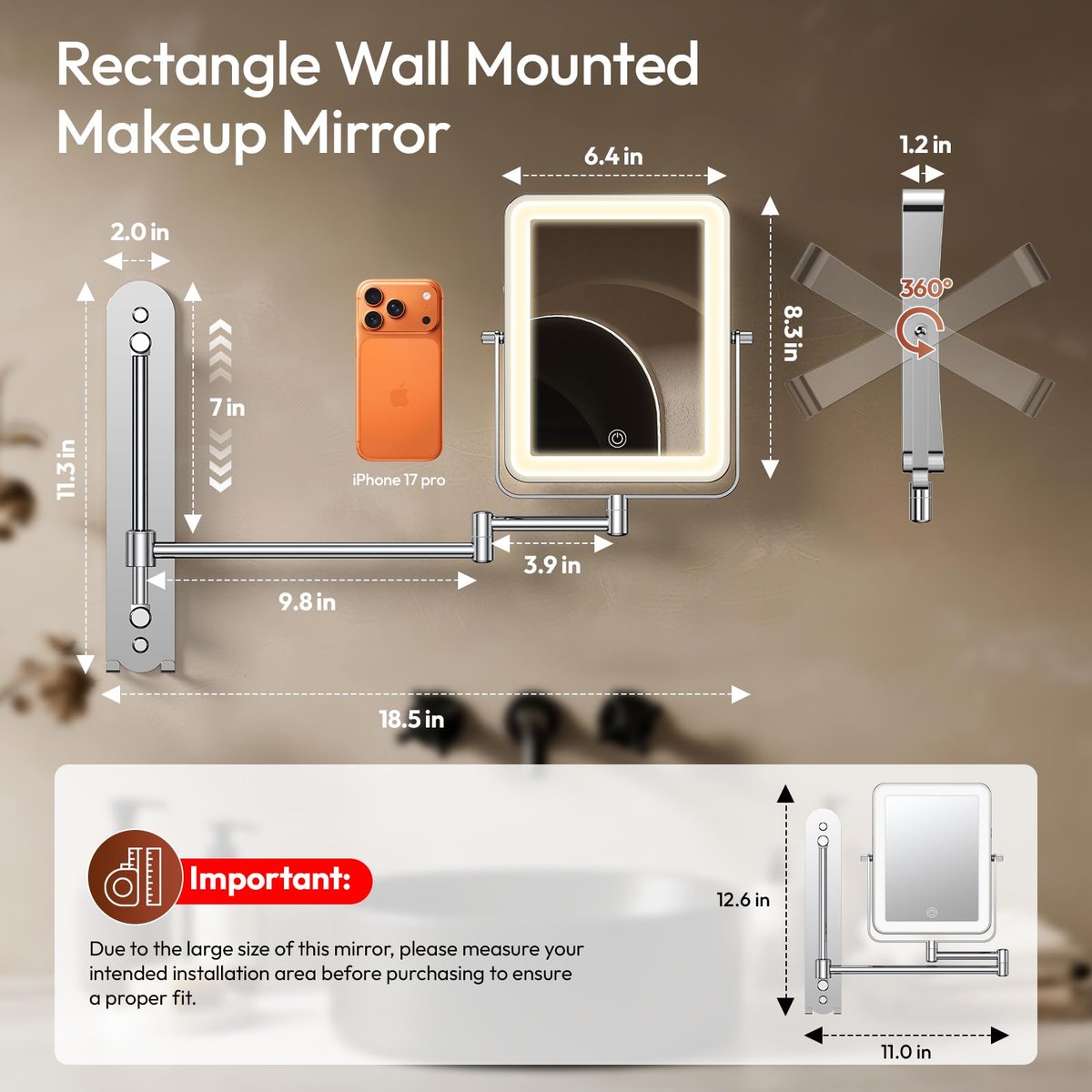 Glowtop Height Adjustable Wall Mounted Lighted Makeup Mirror with Lights, 10X Magnifying Mirror for Bathroom, 7in Slide Rail and 360° Extended Arm, Rechargeable Wall Mirror with Dual Hooks for Hotel Avelisse