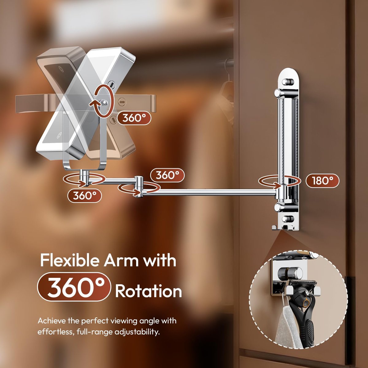 Glowtop Height Adjustable Wall Mounted Lighted Makeup Mirror with Lights, 10X Magnifying Mirror for Bathroom, 7in Slide Rail and 360° Extended Arm, Rechargeable Wall Mirror with Dual Hooks for Hotel Avelisse