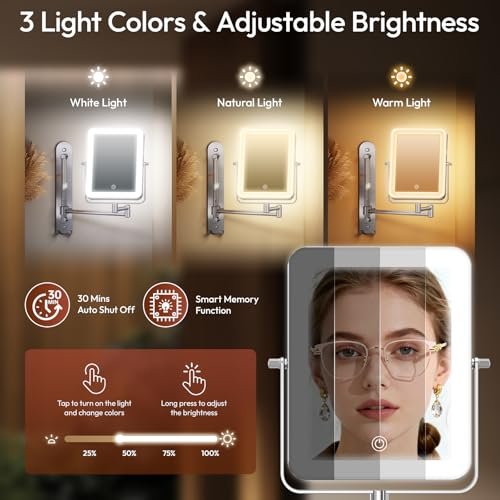 Glowtop Height Adjustable Wall Mounted Lighted Makeup Mirror with Lights, 10X Magnifying Mirror for Bathroom, 7in Slide Rail and 360° Extended Arm, Rechargeable Wall Mirror with Dual Hooks for Hotel Avelisse