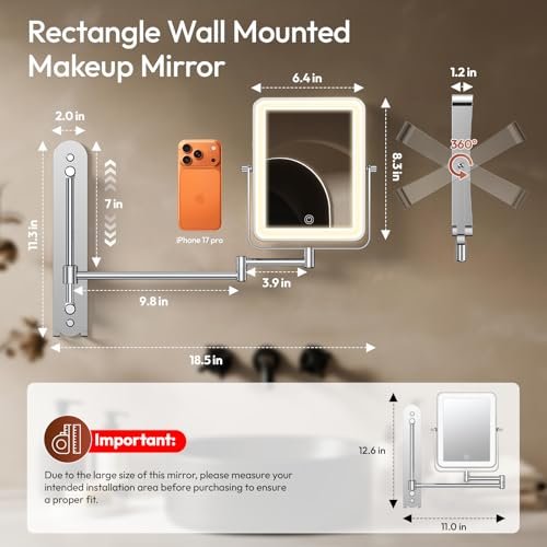 Glowtop Height Adjustable Wall Mounted Lighted Makeup Mirror with Lights, 10X Magnifying Mirror for Bathroom, 7in Slide Rail and 360° Extended Arm, Rechargeable Wall Mirror with Dual Hooks for Hotel Avelisse