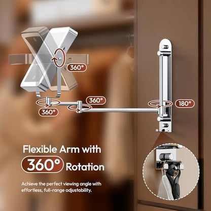 Glowtop Height Adjustable Wall Mounted Lighted Makeup Mirror with Lights, 10X Magnifying Mirror for Bathroom, 7in Slide Rail and 360° Extended Arm, Rechargeable Wall Mirror with Dual Hooks for Hotel Avelisse