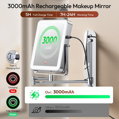 Glowtop Height Adjustable Wall Mounted Lighted Makeup Mirror with Lights, 10X Magnifying Mirror for Bathroom, 7in Slide Rail and 360° Extended Arm, Rechargeable Wall Mirror with Dual Hooks for Hotel Avelisse