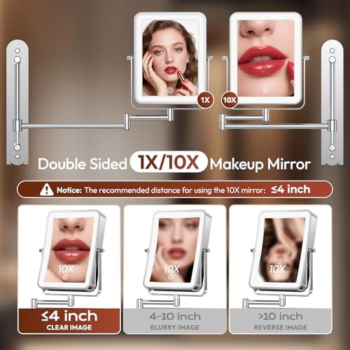 Glowtop Height Adjustable Wall Mounted Lighted Makeup Mirror with Lights, 10X Magnifying Mirror for Bathroom, 7in Slide Rail and 360° Extended Arm, Rechargeable Wall Mirror with Dual Hooks for Hotel Avelisse