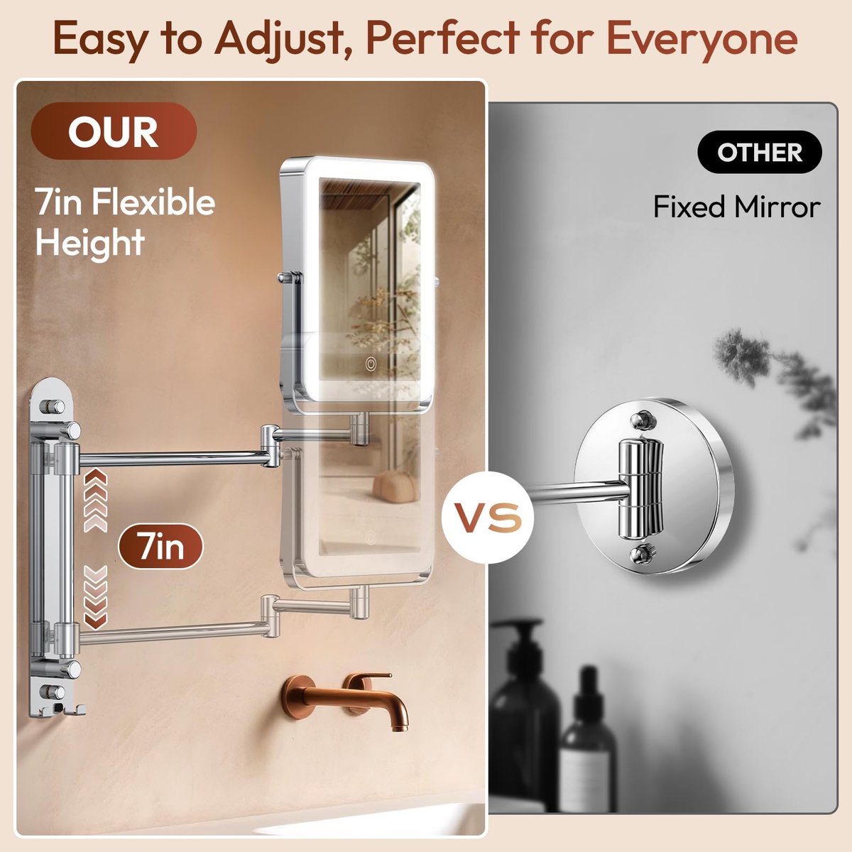 Glowtop Height Adjustable Wall Mounted Lighted Makeup Mirror with Lights, 10X Magnifying Mirror for Bathroom, 7in Slide Rail and 360° Extended Arm, Rechargeable Wall Mirror with Dual Hooks for Hotel Avelisse