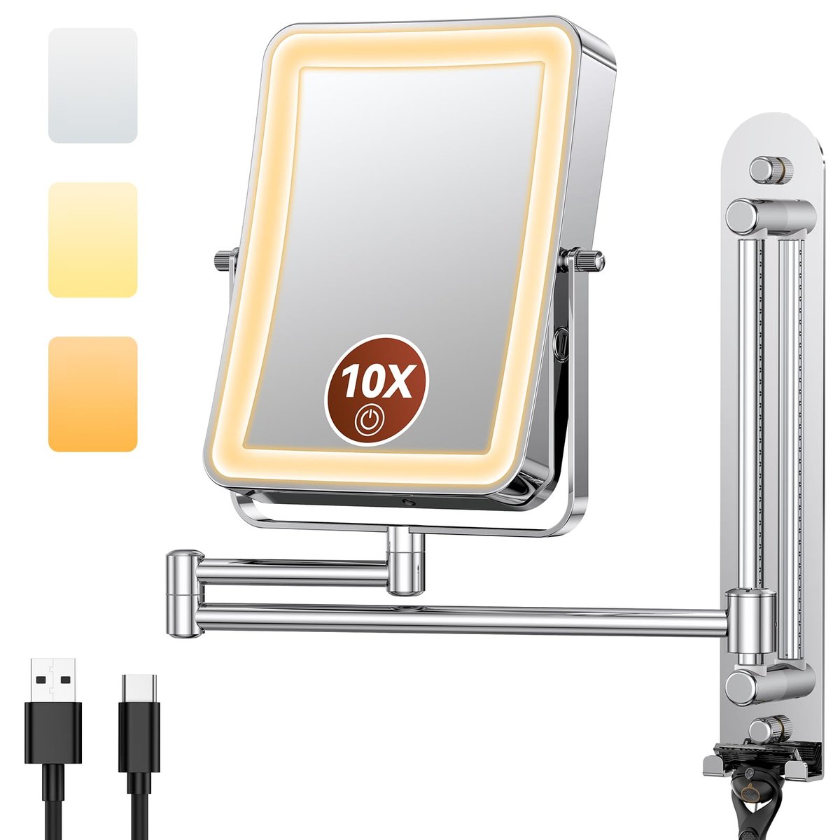 Glowtop Height Adjustable Wall Mounted Lighted Makeup Mirror with Lights, 10X Magnifying Mirror for Bathroom, 7in Slide Rail and 360° Extended Arm, Rechargeable Wall Mirror with Dual Hooks for Hotel Avelisse