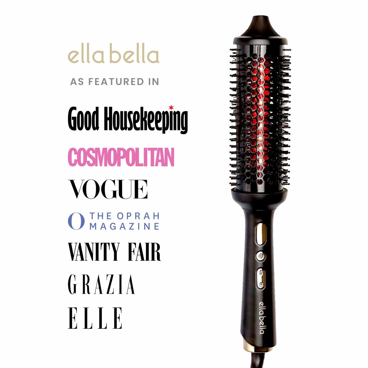 ELLA BELLA Heated Round Thermal Blowout Brush - Tourmaline Hot Air Brush with Infrared & Negative ION for Volumizing, Styling, and Curling - Dual Voltage & Auto ShutOff Avelisse
