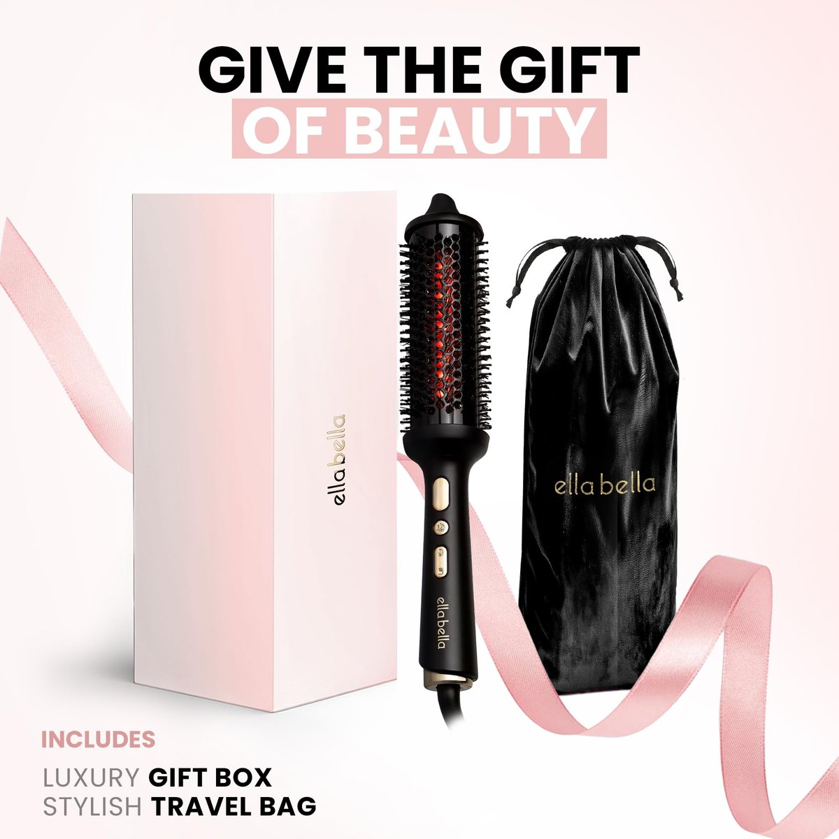 ELLA BELLA Heated Round Thermal Blowout Brush - Tourmaline Hot Air Brush with Infrared & Negative ION for Volumizing, Styling, and Curling - Dual Voltage & Auto ShutOff Avelisse