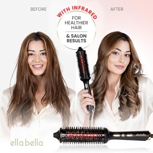 ELLA BELLA Heated Round Thermal Blowout Brush - Tourmaline Hot Air Brush with Infrared & Negative ION for Volumizing, Styling, and Curling - Dual Voltage & Auto ShutOff Avelisse