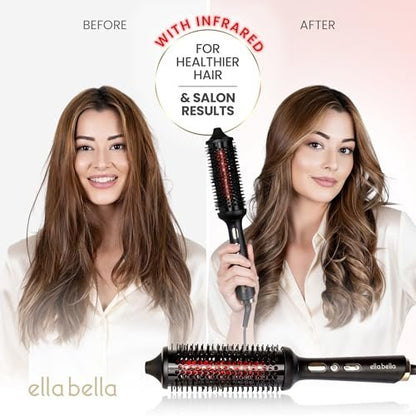 ELLA BELLA Heated Round Thermal Blowout Brush - Tourmaline Hot Air Brush with Infrared & Negative ION for Volumizing, Styling, and Curling - Dual Voltage & Auto ShutOff Avelisse