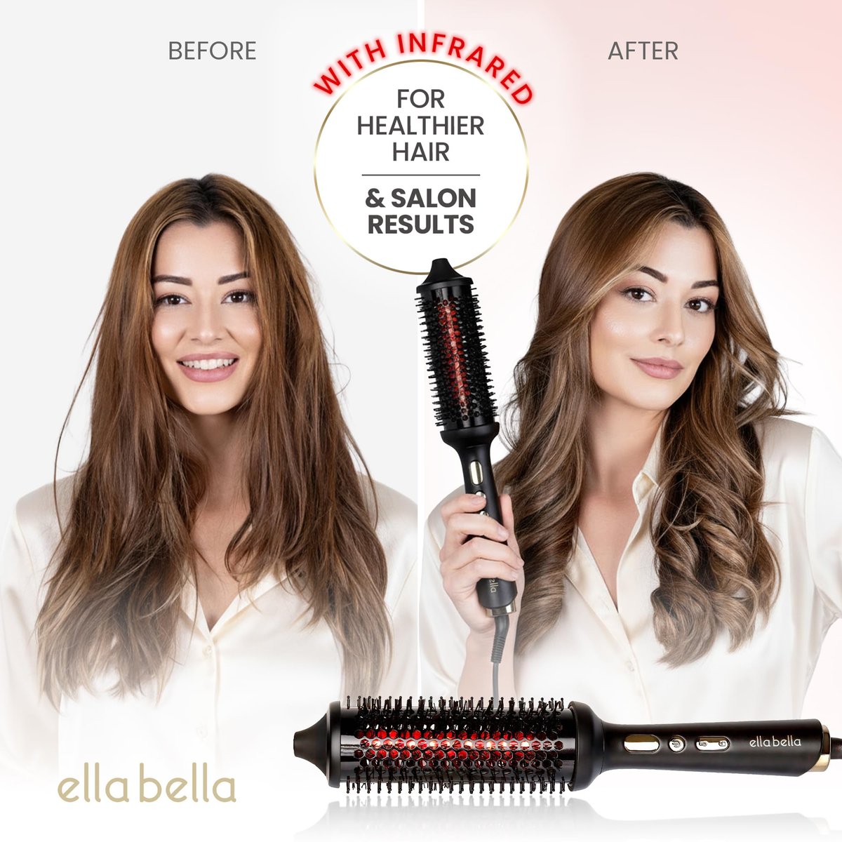 ELLA BELLA Heated Round Thermal Blowout Brush - Tourmaline Hot Air Brush with Infrared & Negative ION for Volumizing, Styling, and Curling - Dual Voltage & Auto ShutOff Avelisse