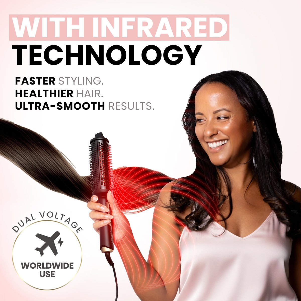 ELLA BELLA Heated Round Thermal Blowout Brush - Tourmaline Hot Air Brush with Infrared & Negative ION for Volumizing, Styling, and Curling - Dual Voltage & Auto ShutOff Avelisse