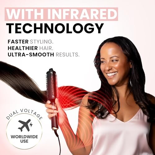 ELLA BELLA Heated Round Thermal Blowout Brush - Tourmaline Hot Air Brush with Infrared & Negative ION for Volumizing, Styling, and Curling - Dual Voltage & Auto ShutOff Avelisse